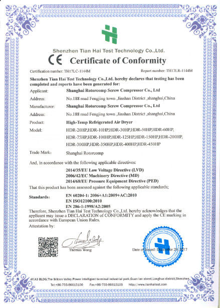 الصين Shanghai Rotorcomp Screw Compressor Co., Ltd الشهادات